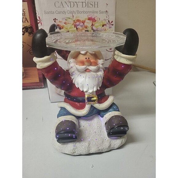 Colorful Christmas Light Sitting Santa Claus Candy Dish with A Glass Tray Tested - Picture 4 of 16